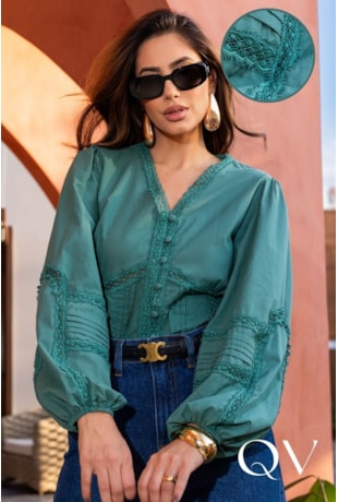 BLUSA COM ENTREMEIO EM VOIL VERDE - LUZIA FAZZOLLI