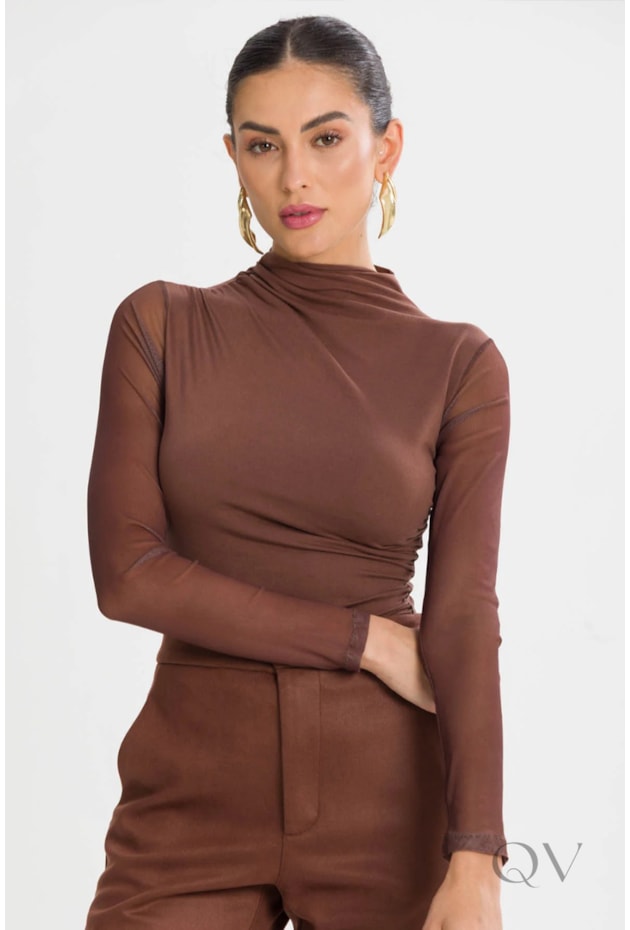 BLUSA COM FRANZIDO E MANGAS EM MALHA TULE MARROM WOOD - TLIC RIO