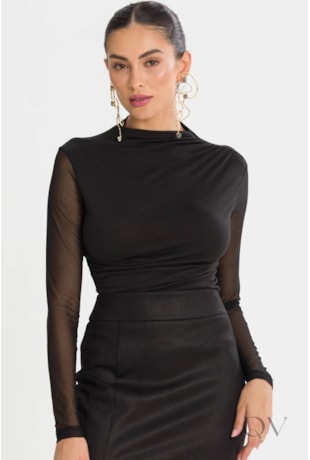BLUSA COM FRANZIDO E MANGAS EM MALHA TULE PRETO - TLIC RIO
