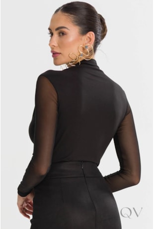 BLUSA COM FRANZIDO E MANGAS EM MALHA TULE PRETO - TLIC RIO