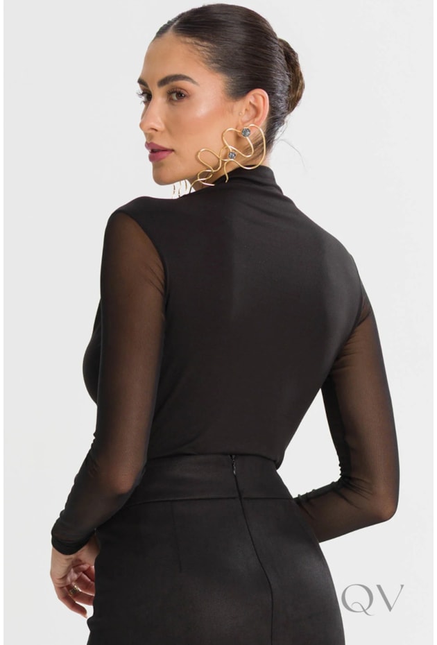 BLUSA COM FRANZIDO E MANGAS EM MALHA TULE PRETO - TLIC RIO