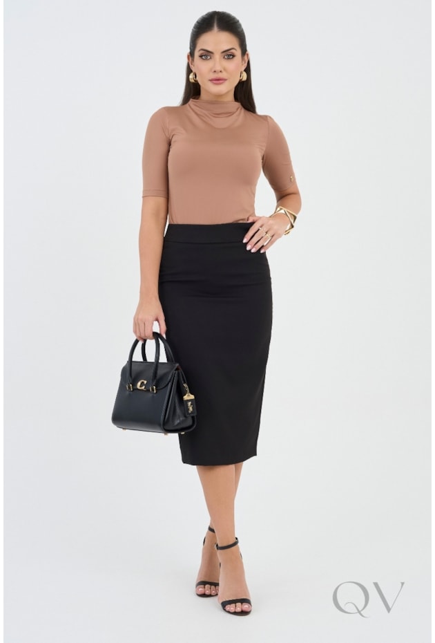 BLUSA COM GOLA ALTA EM MALHA MARROM - VIA TOLENTINO