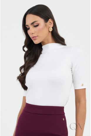 BLUSA COM GOLA ALTA EM MALHA OFF WHITE - VIA TOLENTINO
