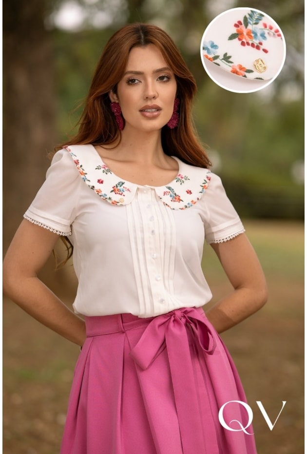 BLUSA COM GOLA FLORAL EM TOQUE DE SEDA BRANCO - JANY PIM