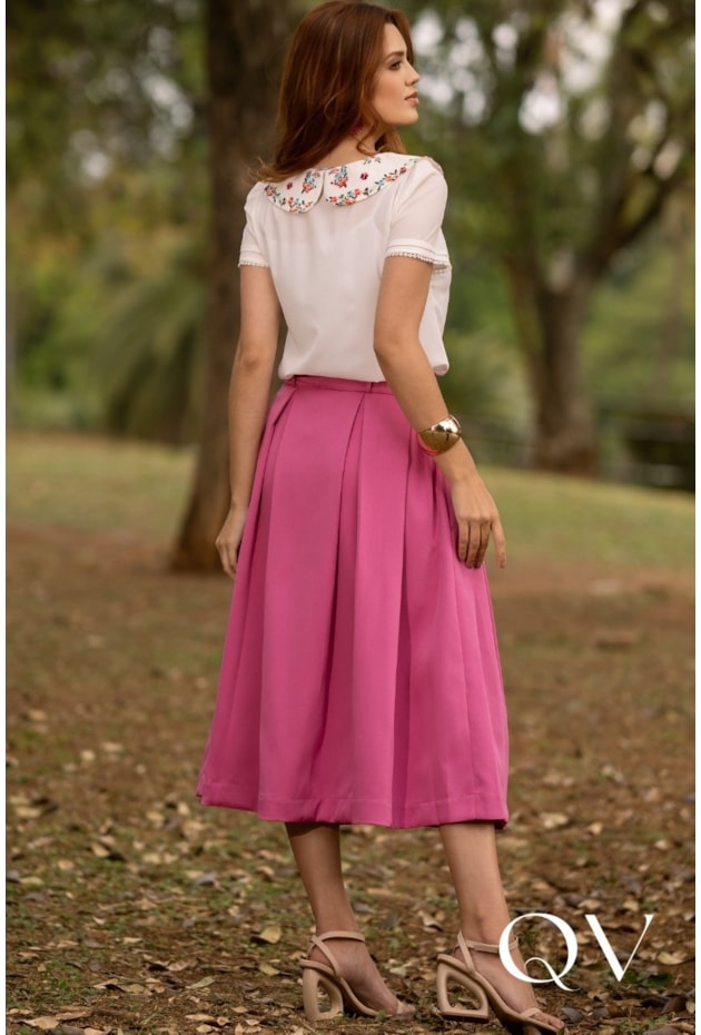 BLUSA COM GOLA FLORAL EM TOQUE DE SEDA BRANCO - JANY PIM