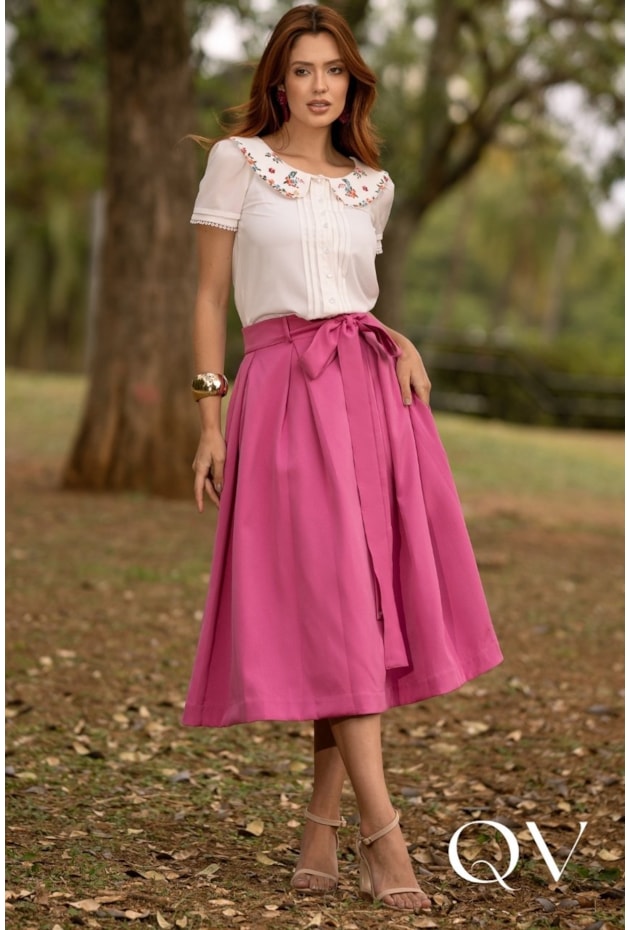 BLUSA COM GOLA FLORAL EM TOQUE DE SEDA BRANCO - JANY PIM