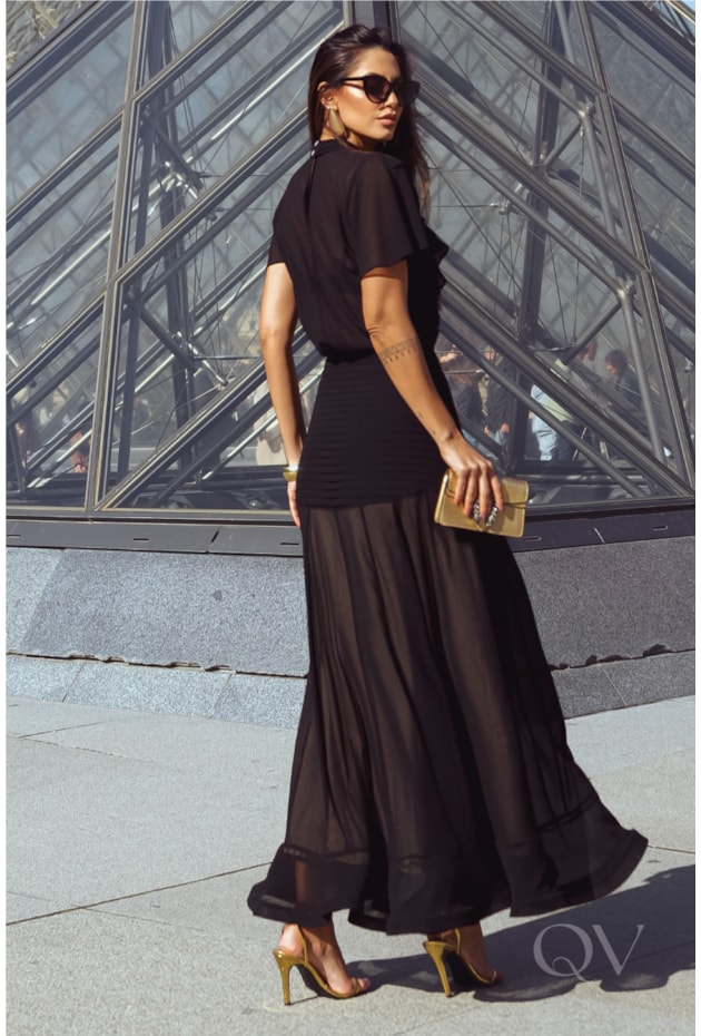 BLUSA COM GOLA LAÇO EM CHIFFON PRETO - LUIZA FAZZOLLI