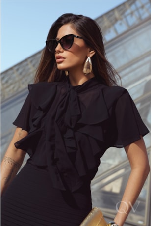 BLUSA COM GOLA LAÇO EM CHIFFON PRETO - LUIZA FAZZOLLI