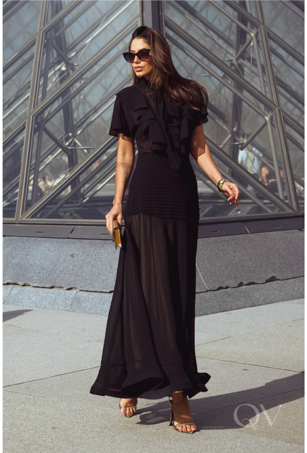 BLUSA COM GOLA LAÇO EM CHIFFON PRETO - LUZIA FAZZOLLI