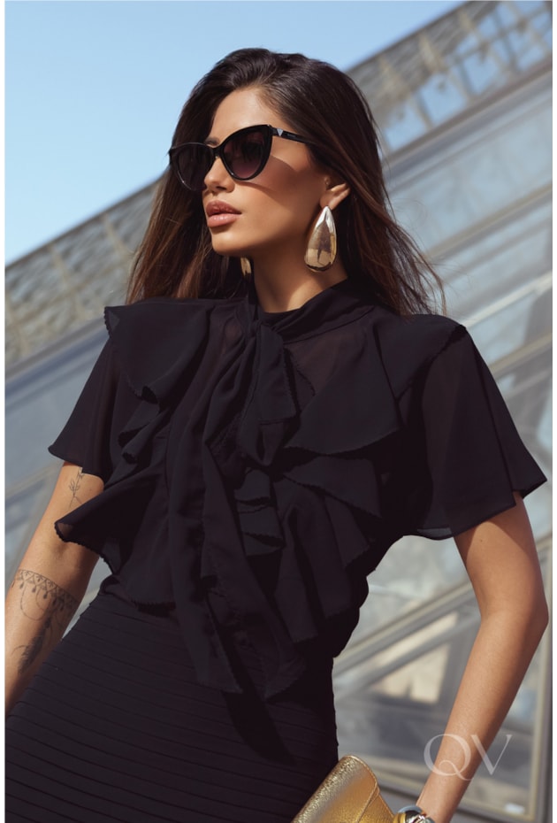 BLUSA COM GOLA LAÇO EM CHIFFON PRETO - LUZIA FAZZOLLI