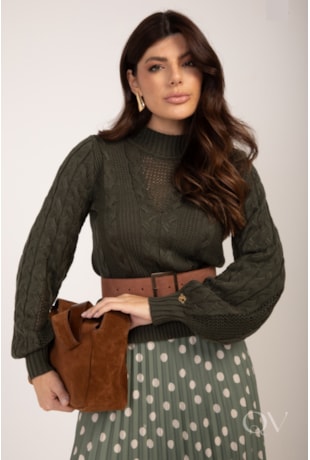BLUSA COM MANGA BUFANTE EM TRICOT VERDE MILITAR - LEKAZIS