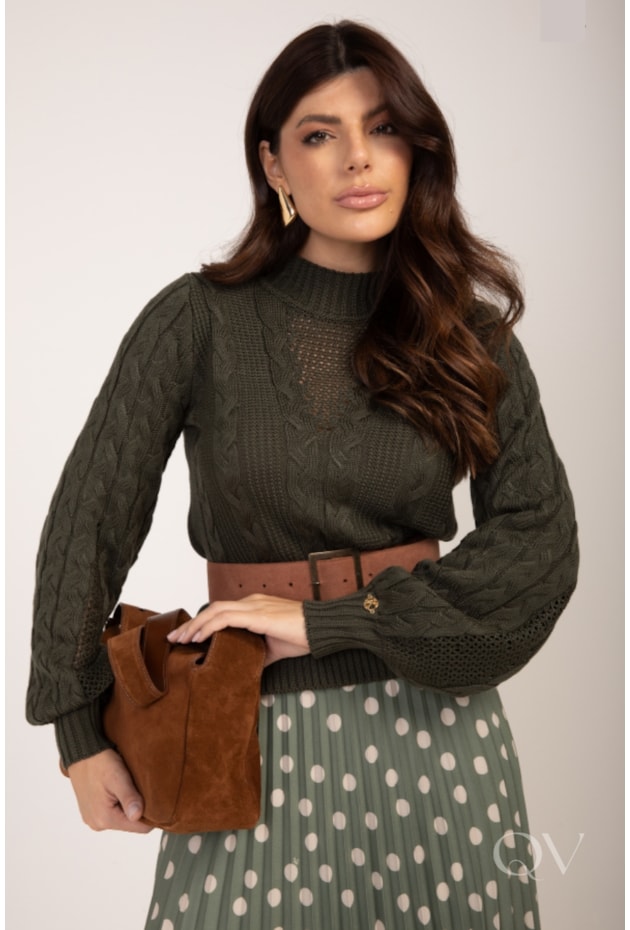 BLUSA COM MANGA BUFANTE EM TRICOT VERDE MILITAR - LEKAZIS