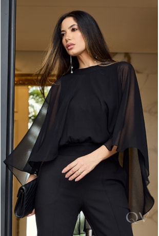 BLUSA COM MANGA CAPA EM CHIFFON PRETO - LUZIA FAZZOLLI
