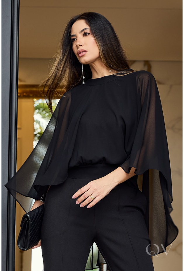 BLUSA COM MANGA CAPA EM CHIFFON PRETO - LUZIA FAZZOLLI
