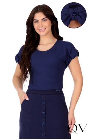 BLUSA COM MANGA COM LAÇO EM MALHA PIQUET AZUL MARINHO - HAPUK