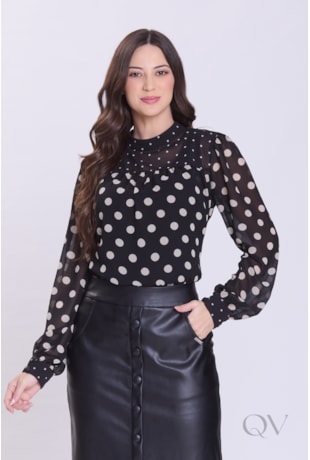 BLUSA COM POÁ EM CHIFFON PRETO - HAPUK