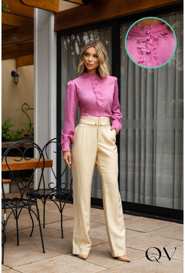 BLUSA COM RENDA E BOTÕES PÉROLA PINK - EVA BELLA BLUSA COM RENDA E BOTÕES PÉROLA PINK - EVA BELLA