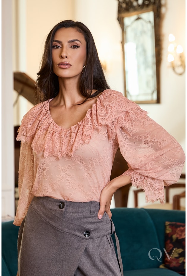 BLUSA COMPOSÊ EM RENDA ROSÊ - LUZIA FAZZOLLI