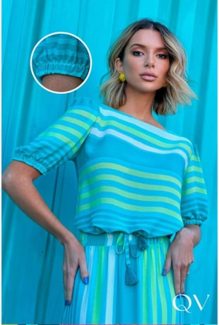 BLUSA CREPE COM AMARRAÇÃO LISTRADA VERDE - EVA BELLA