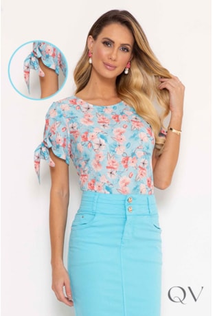 BLUSA CREPE FLORAL AZUL - LAURA ROSA