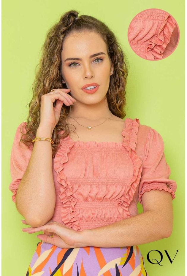BLUSA CROPPED BABADINHOS CORAL - PURO SHARMY BLUSA CROPPED BABADINHOS CORAL - PURO SHARMY