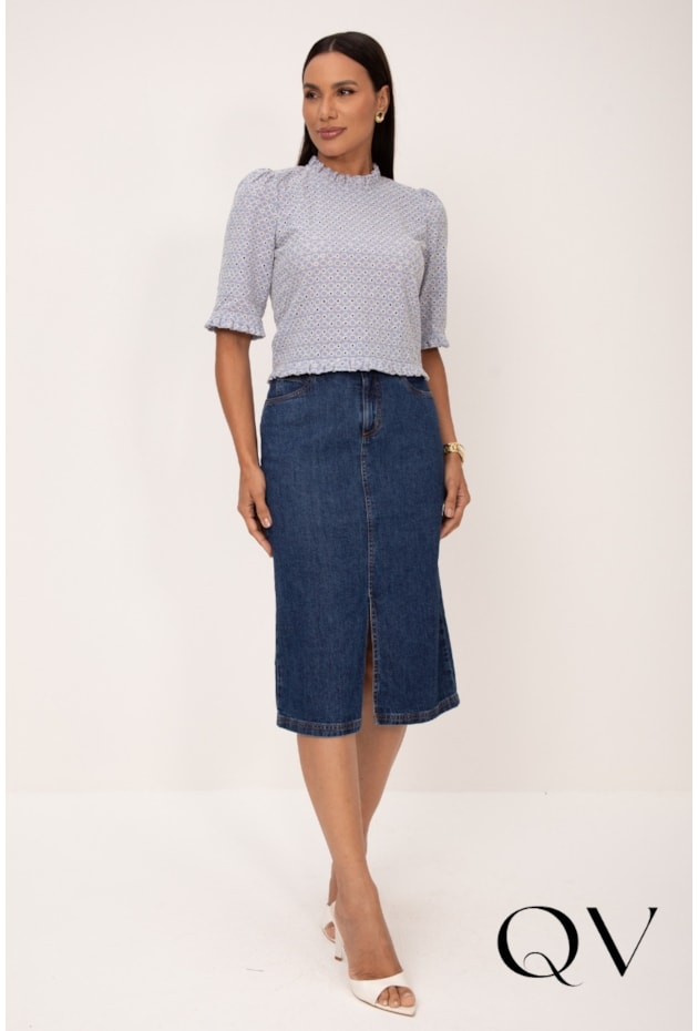 BLUSA CROPPED BORDADO OFF WHITE EM LAISE AZUL - LEKAZIS