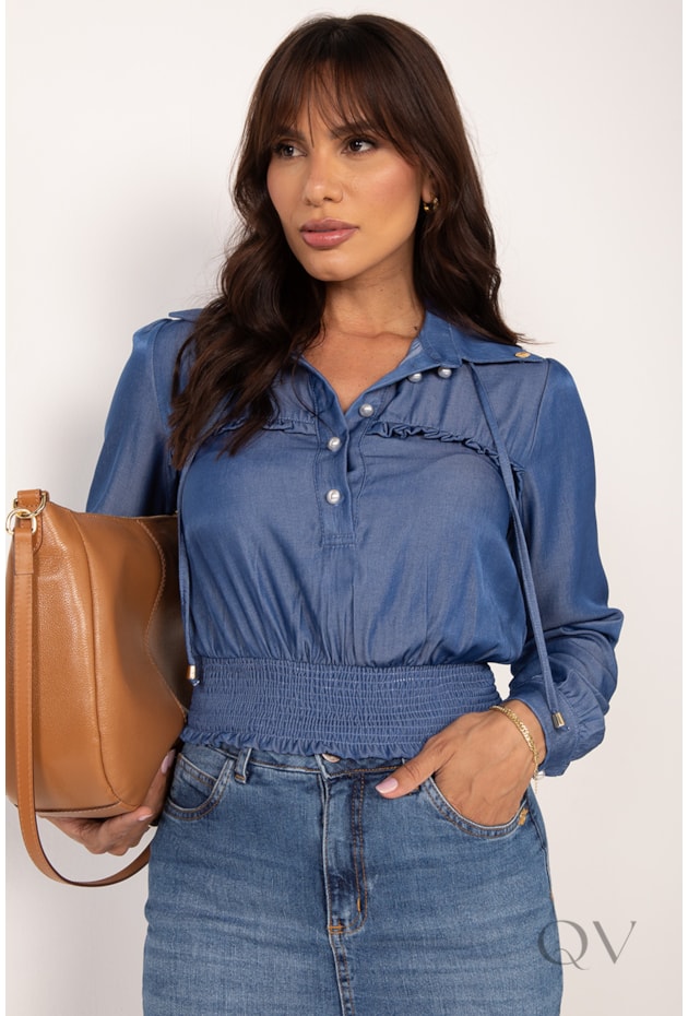 BLUSA CROPPED COM LASTEX EM JEANS AZUL - LEKAZIS
