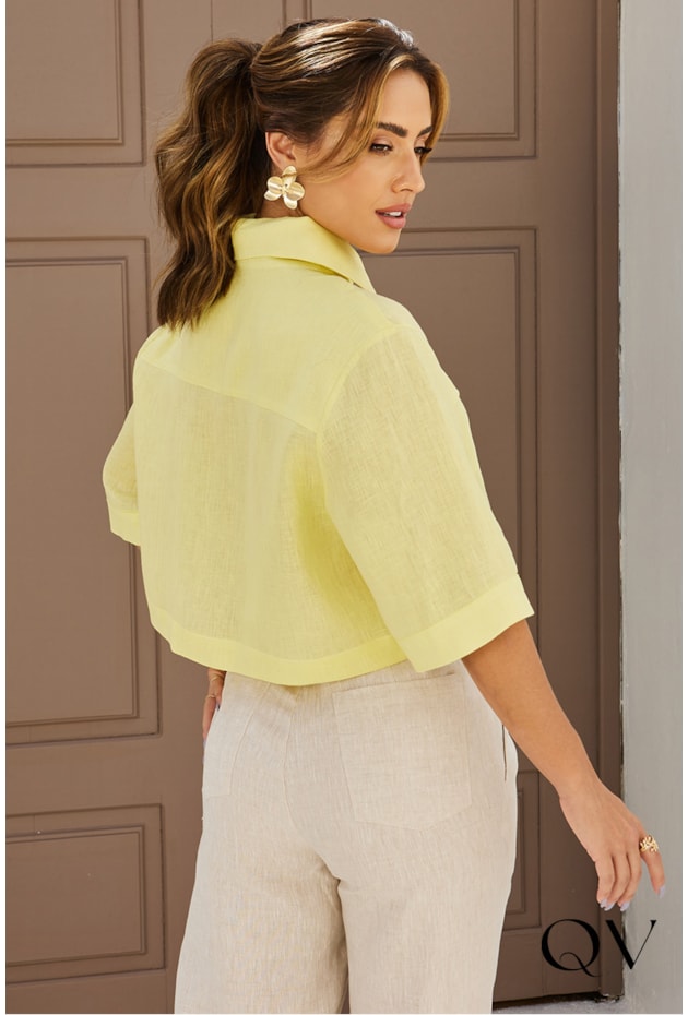 BLUSA CROPPED LINHO AMARELO - DOCE MARIA