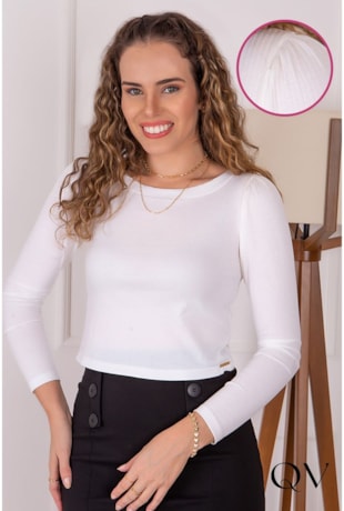 BLUSA CROPPED MALHA MANGA LONGA BRANCO - PURO SHARMY