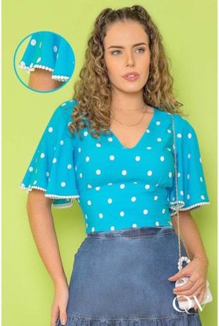 BLUSA CROPPED POÁ AZUL - PURO SHARMY