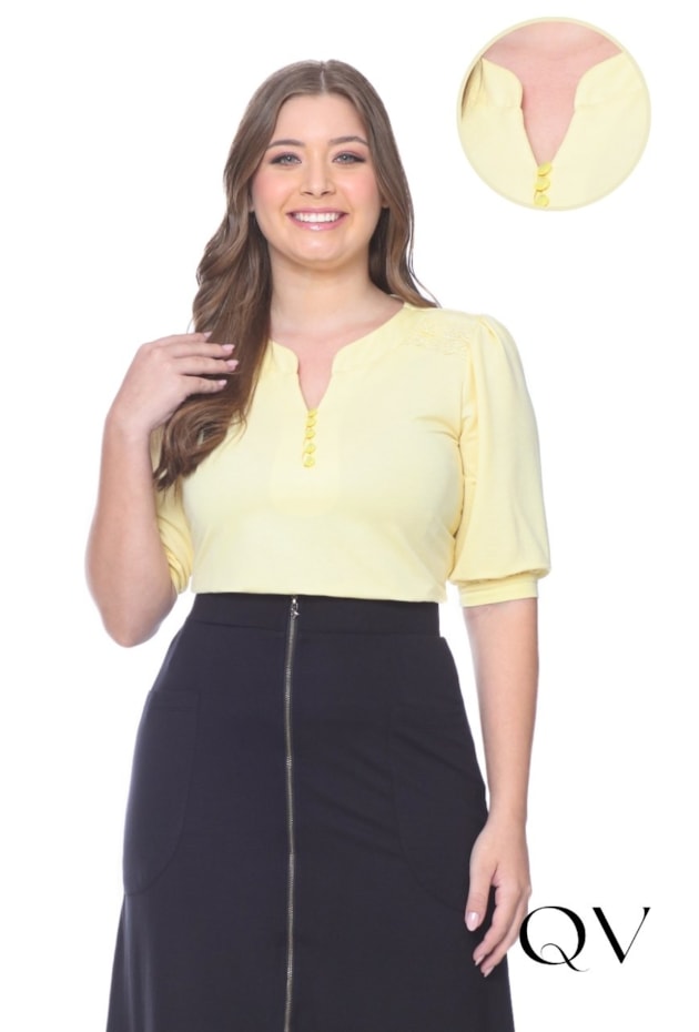 Blusa De Malha Ombros Em Guipir Amarelo Hapuk QVestido Moda