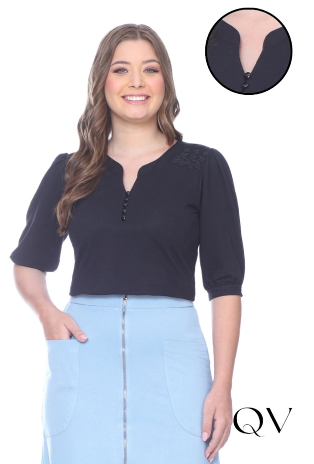 BLUSA DE MALHA OMBROS EM GUIPIR PRETO - HAPUK