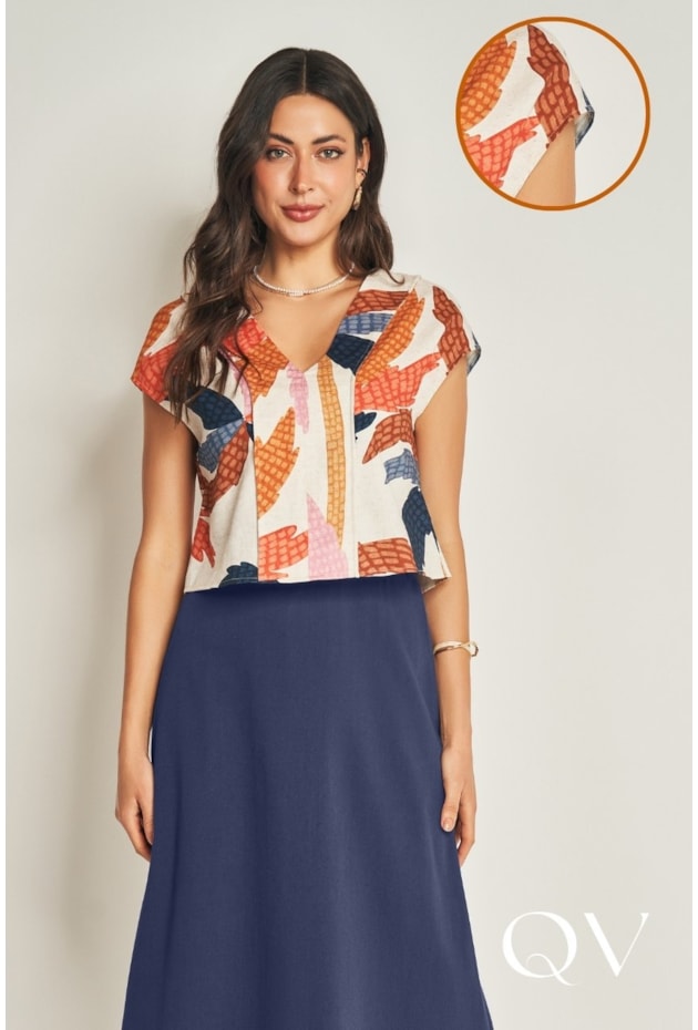 BLUSA DE MANGA CURTA EM PLANO VISCOLINHO BEGE - DOCE TRAMA