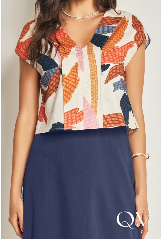 BLUSA DE MANGA CURTA EM PLANO VISCOLINHO BEGE - DOCE TRAMA
