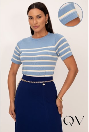 BLUSA DE MANGA CURTA EM TRICOT AZUL COM LISTRAS COLORS - LEKAZIS