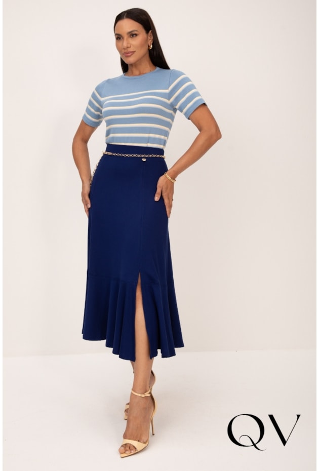 BLUSA DE MANGA CURTA EM TRICOT AZUL COM LISTRAS COLORS - LEKAZIS