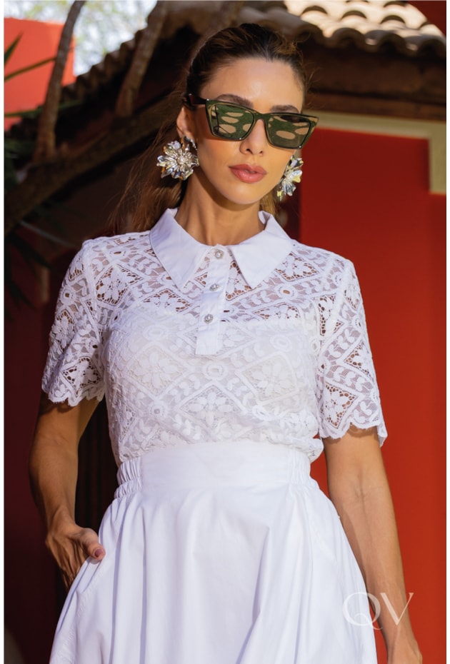 BLUSA DE POLO EM RENDA BRANCO - LUZIA FAZZOLLI