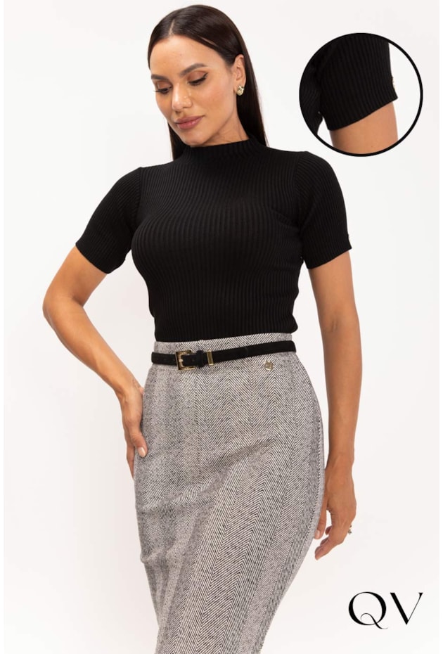 BLUSA DE TRICOT GOLA ALTA PRETO - LEKAZIS