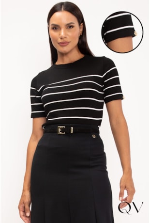BLUSA DE TRICOT TRADICIONAL LISTRAS PRETO - LEKAZIS