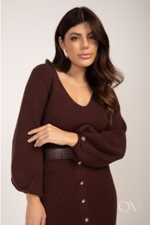 BLUSA DECOTE V E MANGA BUFANTE EM TRICOT MARROM - LEKAZIS