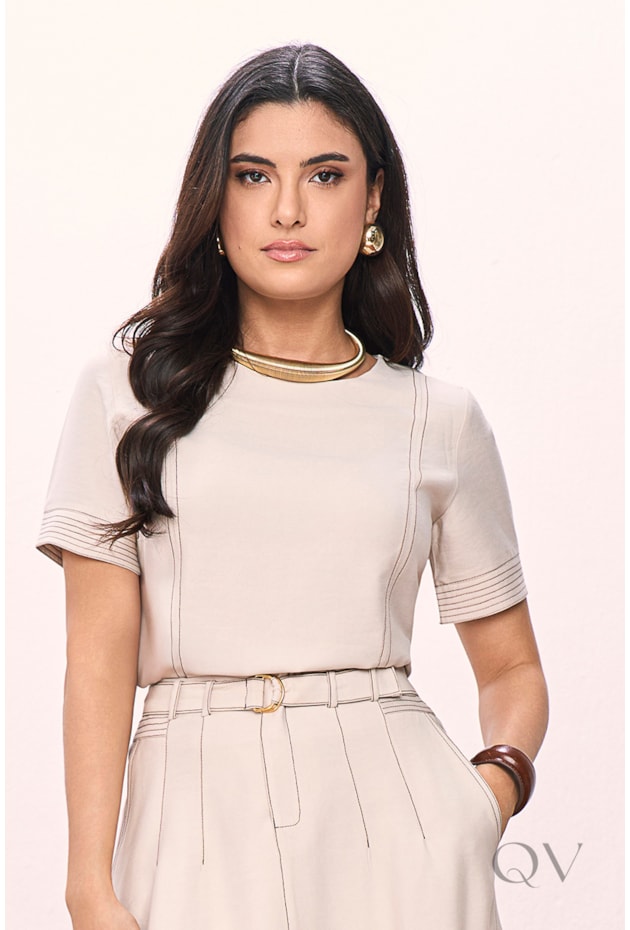 BLUSA EM ALFAIATARIA DE VISCOSE QUAKER BEGE - TITANIUM JEANS