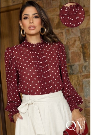 BLUSA EM CHIFFON COM GOLA BABADO POÁ VINHO - LUZIA FAZZOLLI
