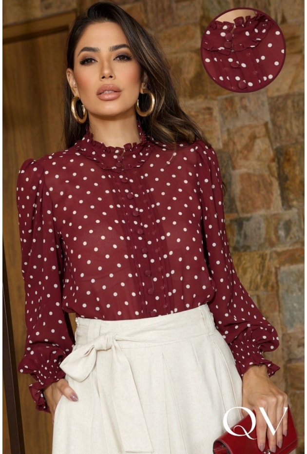 BLUSA EM CHIFFON COM GOLA BABADO POÁ VINHO - LUZIA FAZZOLLI