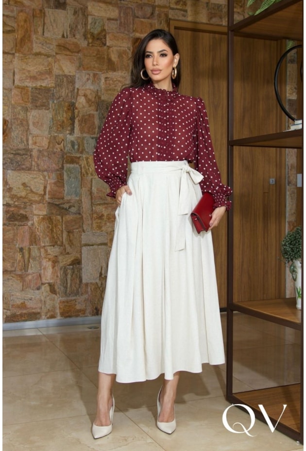 BLUSA EM CHIFFON COM GOLA BABADO POÁ VINHO - LUZIA FAZZOLLI