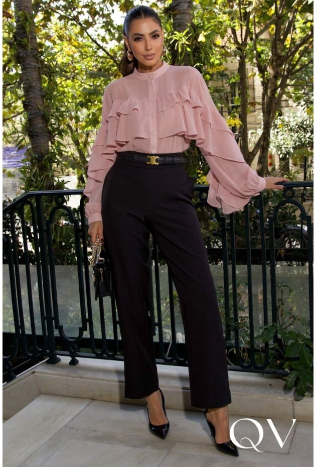 BLUSA EM CHIFFON DE BABADOS ROSE - LUZIA FAZZOLLI