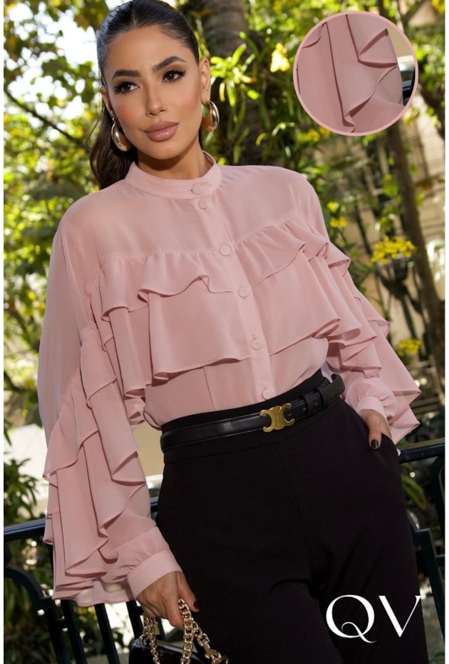BLUSA EM CHIFFON DE BABADOS ROSE - LUZIA FAZZOLLI