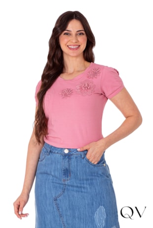 BLUSA EM MALHA APLICAÇÃO EM GUIPIR ROSA - HAPUK