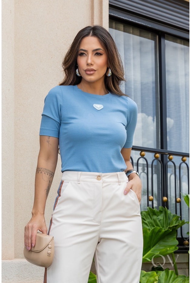 BLUSA EM MALHA CANELADA AZUL - LUZIA FAZZOLLI