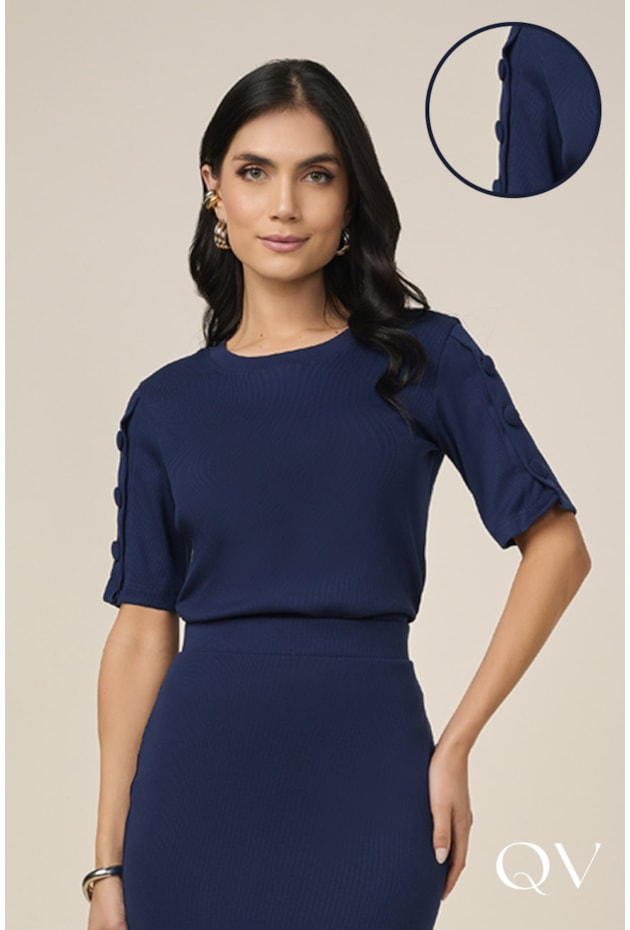 BLUSA EM MALHA CANELADA AZUL MARINHO - TITANIUM JEANS BLUSA EM MALHA CANELADA AZUL MARINHO - TITANIUM JEANS