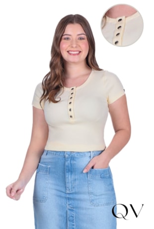 BLUSA EM MALHA CANELADA MANGA CURTA AMARELO - HAPUK